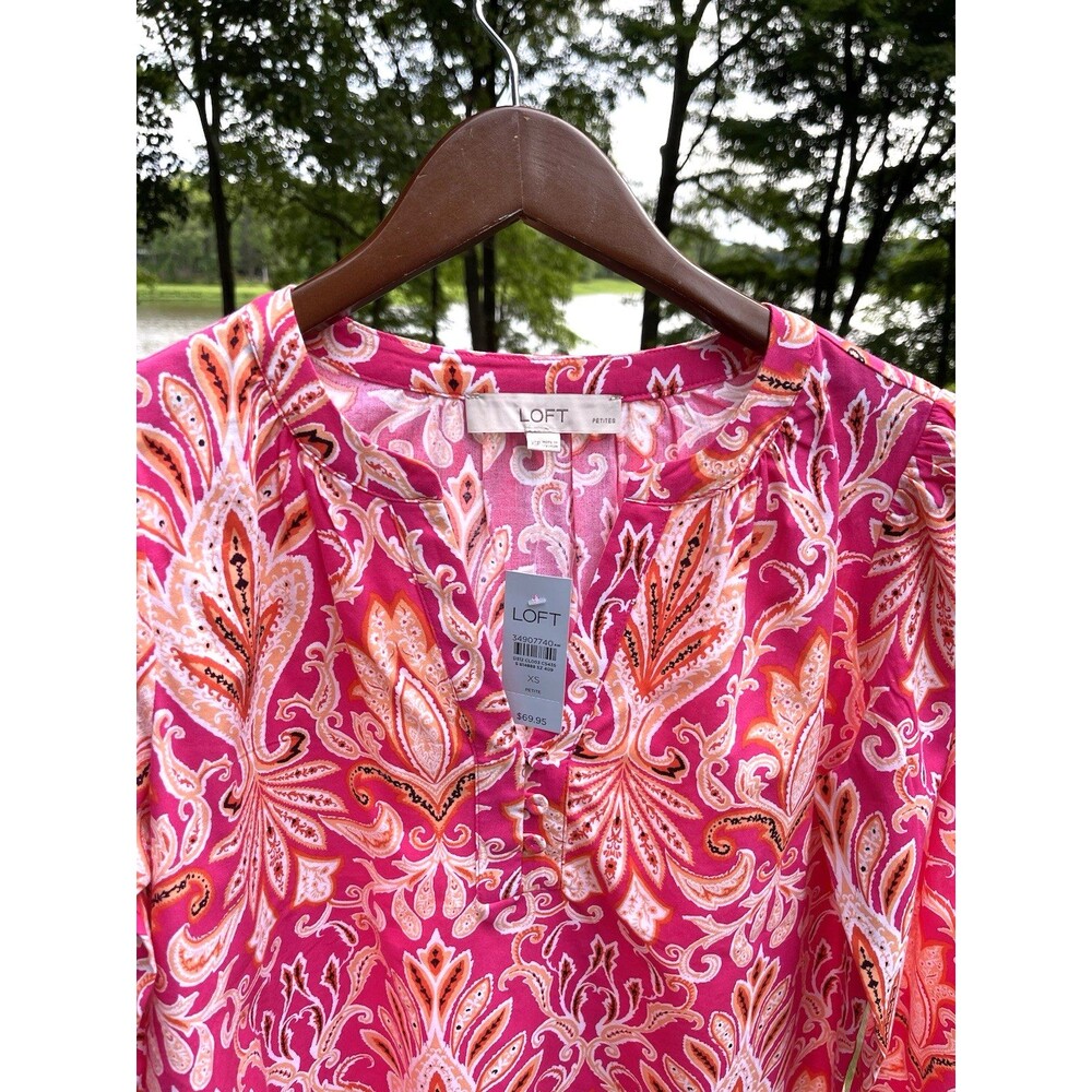 LOFT Paisley Smocked Cuff V-Neck Button Tunic Popover Ladies XS Petite NWT